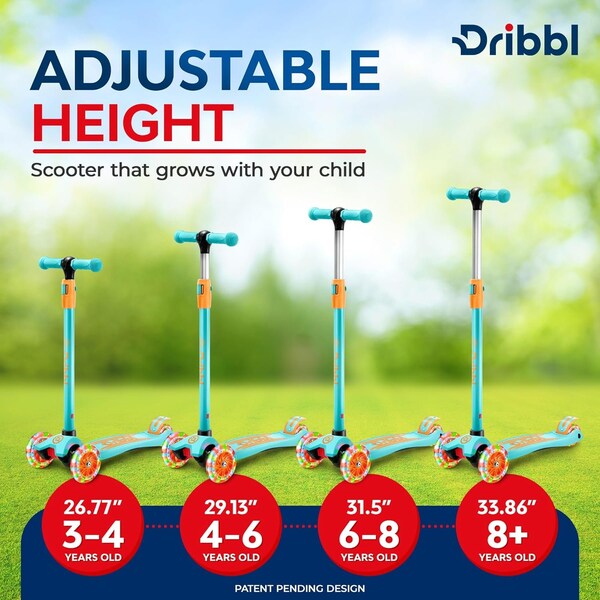 Dribbl 3-Wheel Kids Scooter, Lean-to-Steer, Adjustable Handlebar, Wide Deck, Light Blue/Orange - DBKS07