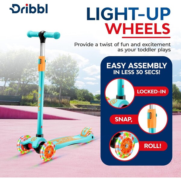 Dribbl 3-Wheel Kids Scooter, Lean-to-Steer, Adjustable Handlebar, Wide Deck, Light Blue/Orange - DBKS07