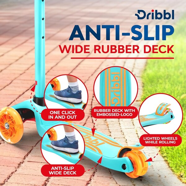 Dribbl 3-Wheel Kids Scooter, Lean-to-Steer, Adjustable Handlebar, Wide Deck, Light Blue/Orange - DBKS07
