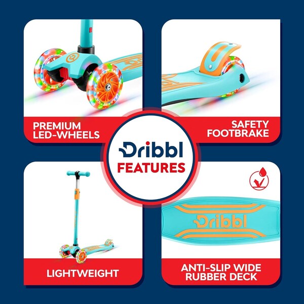 Dribbl 3-Wheel Kids Scooter, Lean-to-Steer, Adjustable Handlebar, Wide Deck, Light Blue/Orange - DBKS07