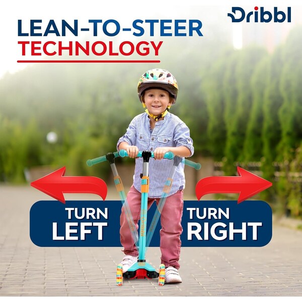 Dribbl 3-Wheel Kids Scooter, Lean-to-Steer, Adjustable Handlebar, Wide Deck, Light Blue/Orange - DBKS07