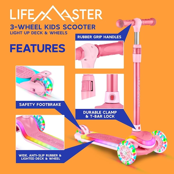 Lifemaster 3-Wheel Kids Scooter, LED Deck and Wheels, 5-Height Adjustable Handlebar, Pink - LMLUSP55