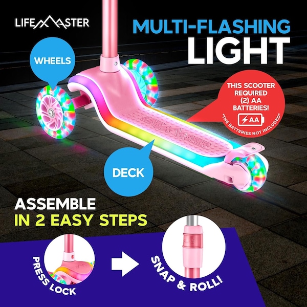 Lifemaster 3-Wheel Kids Scooter, LED Deck and Wheels, 5-Height Adjustable Handlebar, Pink - LMLUSP55