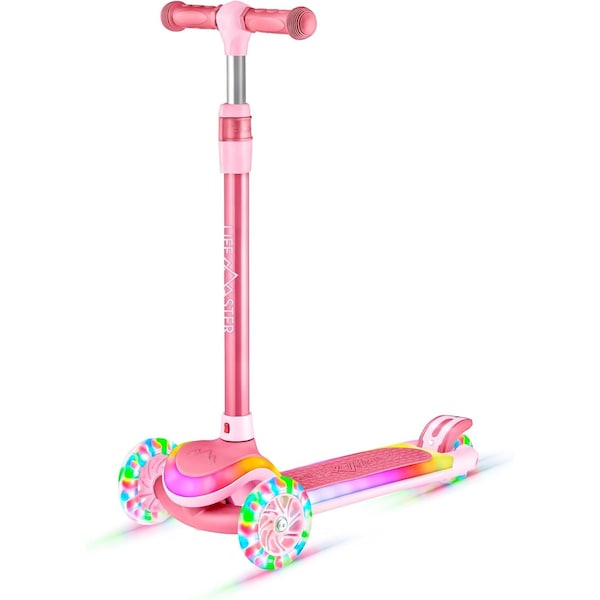 Lifemaster 3-Wheel Kids Scooter, LED Deck and Wheels, 5-Height Adjustable Handlebar, Pink - LMLUSP55