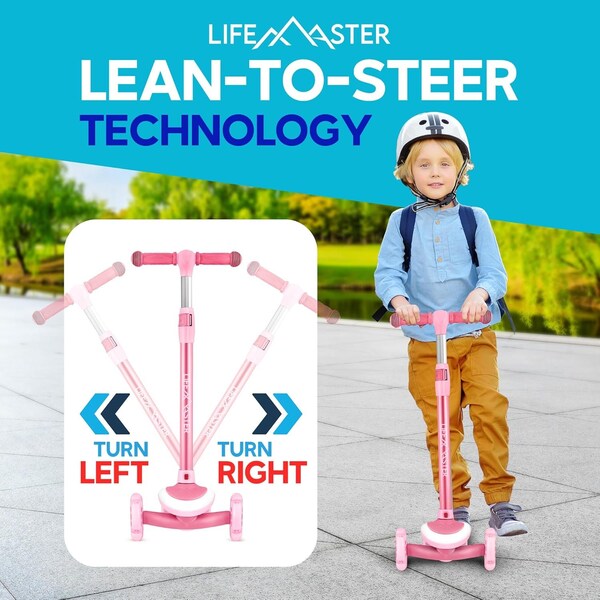 Lifemaster 3-Wheel Kids Scooter, LED Deck and Wheels, 5-Height Adjustable Handlebar, Pink - LMLUSP55