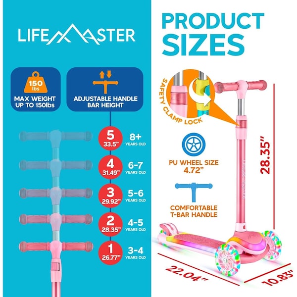 Lifemaster 3-Wheel Kids Scooter, LED Deck and Wheels, 5-Height Adjustable Handlebar, Pink - LMLUSP55