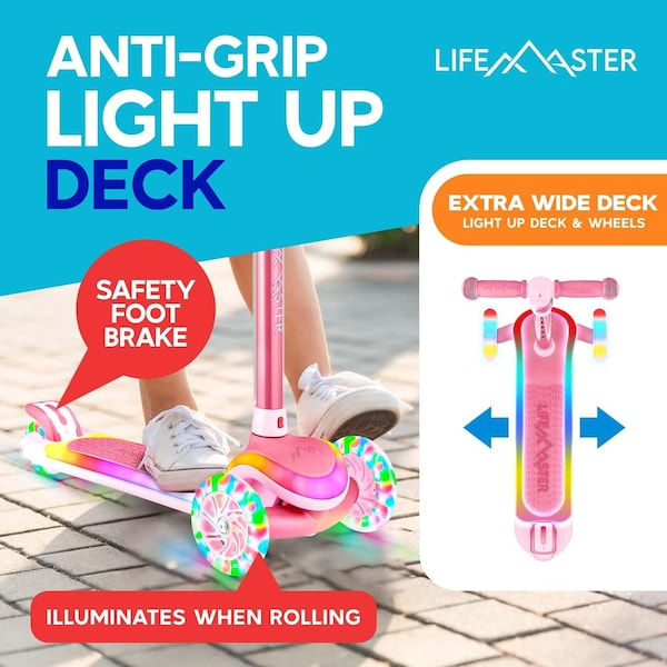 Lifemaster 3-Wheel Kids Scooter, LED Deck and Wheels, 5-Height Adjustable Handlebar, Pink - LMLUSP55