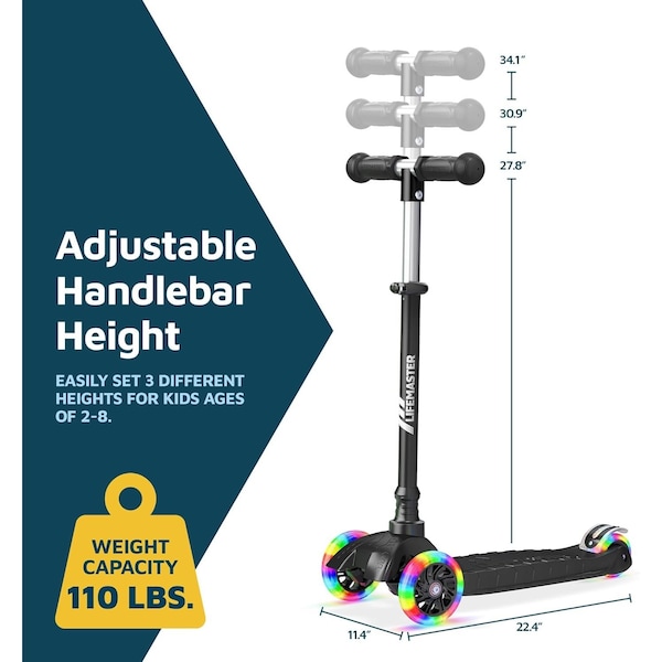 Lifemaster Kids 3-Wheel Kick Scooter with LED Light-Up Wheels and Adjustable Handlebar, Indoor/Outdoor Use - LIFSCTBL