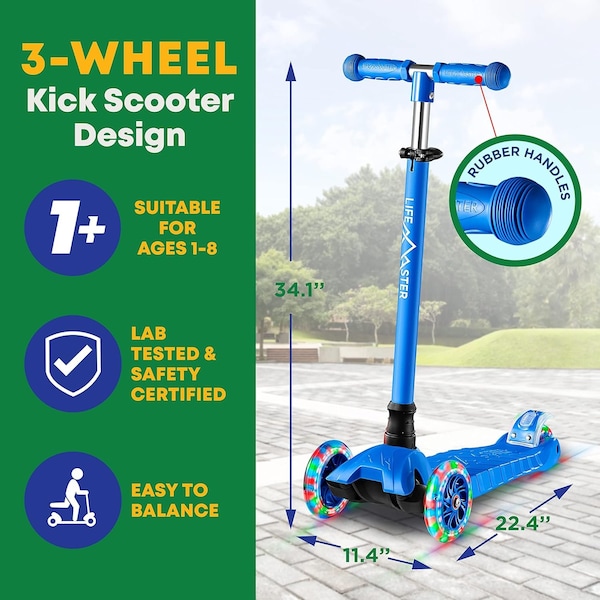 Lifemaster Kids 3-Wheel Kick Scooter with LED Light-Up Wheels and Adjustable Handlebar, Indoor/Outdoor Use - LIFSCTBL