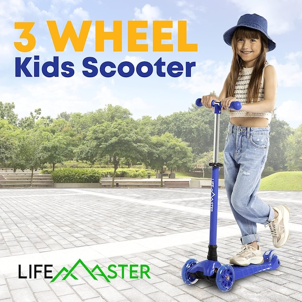 Lifemaster Kids 3-Wheel Kick Scooter with LED Light-Up Wheels and Adjustable Handlebar, Indoor/Outdoor Use - LIFSCTBL