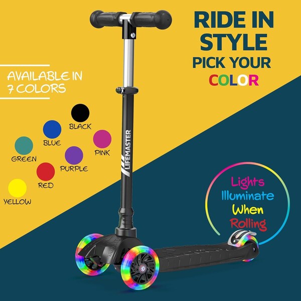Lifemaster Kids 3-Wheel Kick Scooter with LED Light-Up Wheels and Adjustable Handlebar, Indoor/Outdoor Use - LIFSCTBL