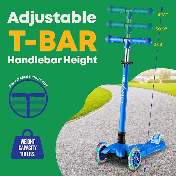 Lifemaster Kids 3-Wheel Kick Scooter with LED Light-Up Wheels and Adjustable Handlebar, Indoor/Outdoor Use - LIFSCTBL