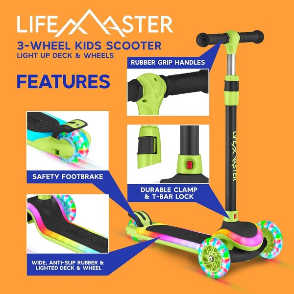 Lifemaster 3-Wheel Kids Scooter, LED Deck and Wheels, 5-Height Adjustable Handlebar, Green - LMLUSG77