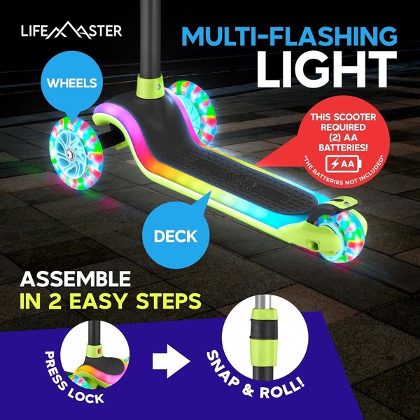 Lifemaster 3-Wheel Kids Scooter, LED Deck and Wheels, 5-Height Adjustable Handlebar, Green - LMLUSG77