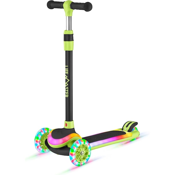 Lifemaster 3-Wheel Kids Scooter, LED Deck and Wheels, 5-Height Adjustable Handlebar, Green - LMLUSG77