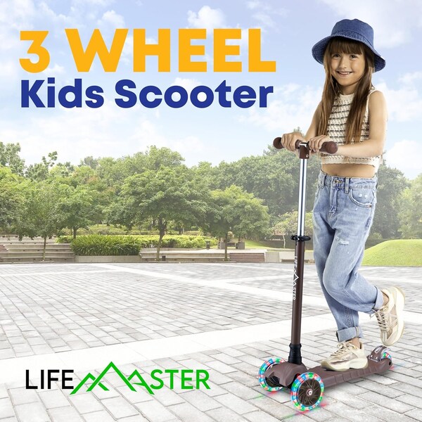 Lifemaster Kids 3-Wheel Scooter, LED Light-Up Wheels, Adjustable Handlebar, Indoor and Outdoor Use - LIFSCBRWN