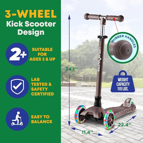 Lifemaster Kids 3-Wheel Scooter, LED Light-Up Wheels, Adjustable Handlebar, Indoor and Outdoor Use - LIFSCBRWN