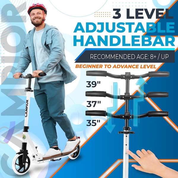 Campior Kick Scooter for Ages 6+, for Kids, Teens, and Adults, Max Load 240 LBS, Foldable, 8-inch Big White - CAMTE107
