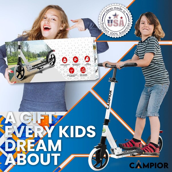Campior Kick Scooter for Ages 6+, for Kids, Teens, and Adults, Max Load 240 LBS, Foldable, 8-inch Big White - CAMTE107