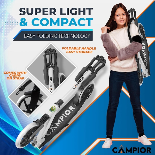 Campior Kick Scooter for Ages 6+, for Kids, Teens, and Adults, Max Load 240 LBS, Foldable, 8-inch Big White - CAMTE107