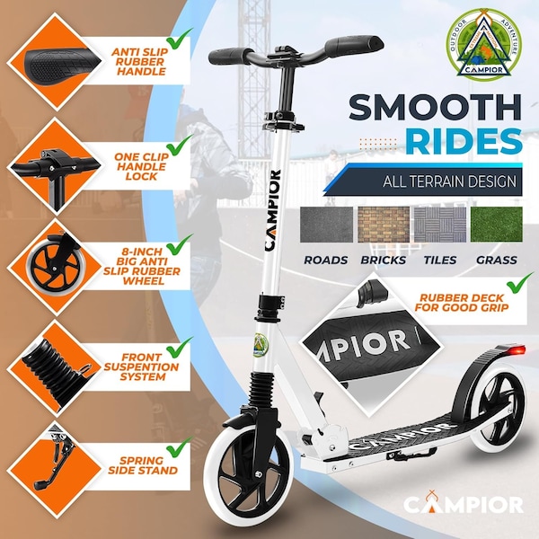 Campior Kick Scooter for Ages 6+, for Kids, Teens, and Adults, Max Load 240 LBS, Foldable, 8-inch Big White - CAMTE107