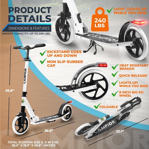 Campior Kick Scooter for Ages 6+, for Kids, Teens, and Adults, Max Load 240 LBS, Foldable, 8-inch Big White - CAMTE107