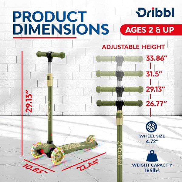 Dribbl 3-Wheel Kids Scooter, Lean-to-Steer, Adjustable Handlebar, Anti-Slip Deck, Army - DBKS11
