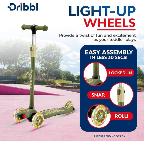 Dribbl 3-Wheel Kids Scooter, Lean-to-Steer, Adjustable Handlebar, Anti-Slip Deck, Army - DBKS11