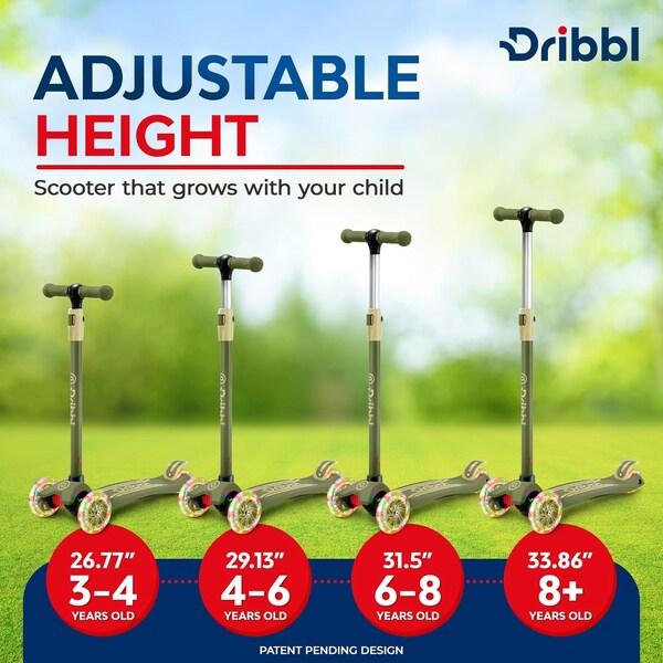 Dribbl 3-Wheel Kids Scooter, Lean-to-Steer, Adjustable Handlebar, Anti-Slip Deck, Army - DBKS11