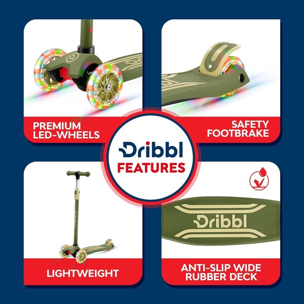 Dribbl 3-Wheel Kids Scooter, Lean-to-Steer, Adjustable Handlebar, Anti-Slip Deck, Army - DBKS11