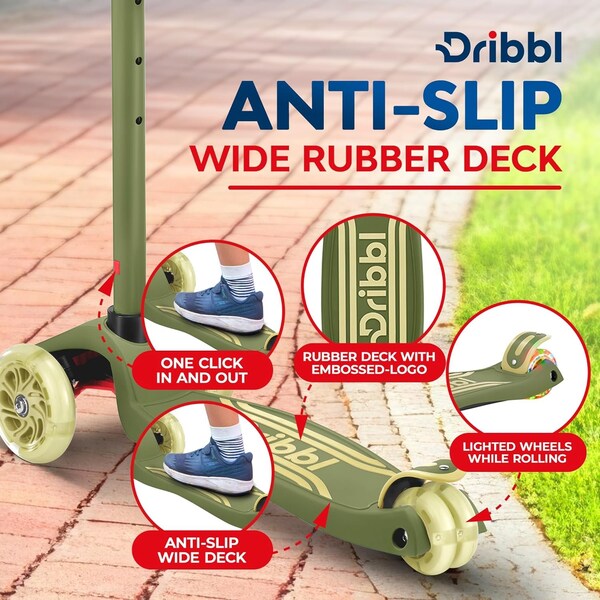 Dribbl 3-Wheel Kids Scooter, Lean-to-Steer, Adjustable Handlebar, Anti-Slip Deck, Army - DBKS11