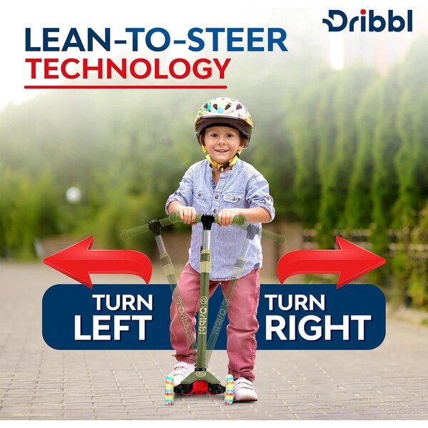 Dribbl 3-Wheel Kids Scooter, Lean-to-Steer, Adjustable Handlebar, Anti-Slip Deck, Army - DBKS11