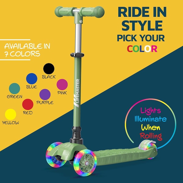 Lifemaster 3-Wheel Kids Scooter, LED Light-Up Wheels, Adjustable Handlebar, Indoor and Outdoor Fun - LIFSCNGRN2