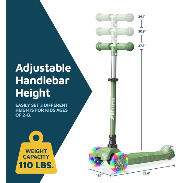 Lifemaster 3-Wheel Kids Scooter, LED Light-Up Wheels, Adjustable Handlebar, Indoor and Outdoor Fun - LIFSCNGRN2