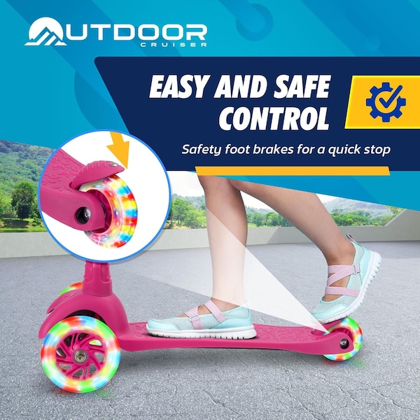 Outdoorcruiser Outdoor Cruiser 3-Wheel Kids Scooter, Lean-to-Steer, LED Wheels, Adjustable T-Bar, Pink. - OCKSPINK