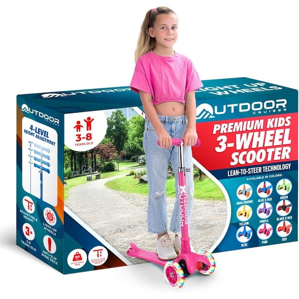 Outdoorcruiser Outdoor Cruiser 3-Wheel Kids Scooter, Lean-to-Steer, LED Wheels, Adjustable T-Bar, Pink. - OCKSPINK