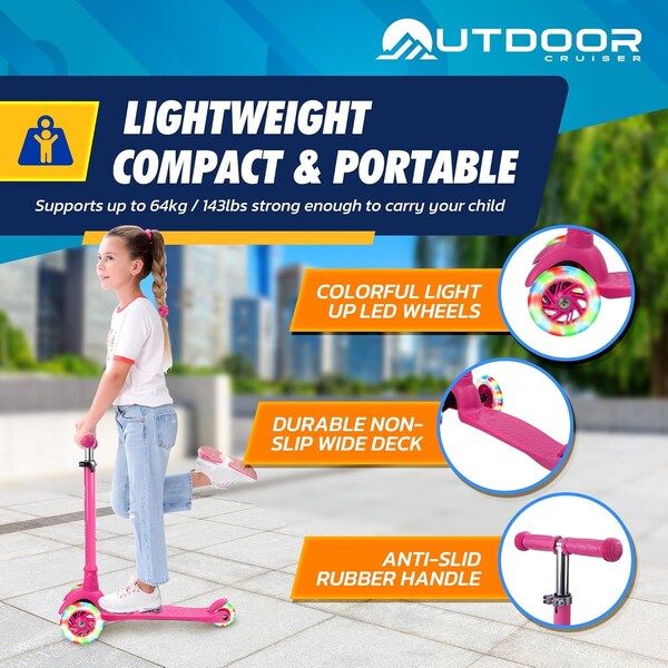Outdoorcruiser Outdoor Cruiser 3-Wheel Kids Scooter, Lean-to-Steer, LED Wheels, Adjustable T-Bar, Pink. - OCKSPINK
