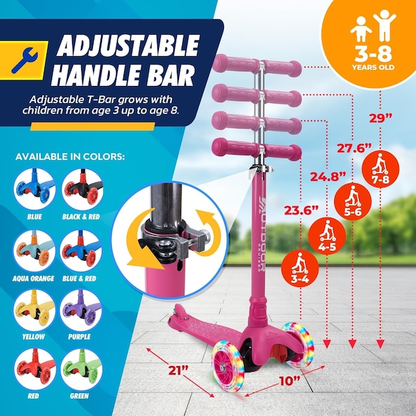 Outdoorcruiser Outdoor Cruiser 3-Wheel Kids Scooter, Lean-to-Steer, LED Wheels, Adjustable T-Bar, Pink. - OCKSPINK