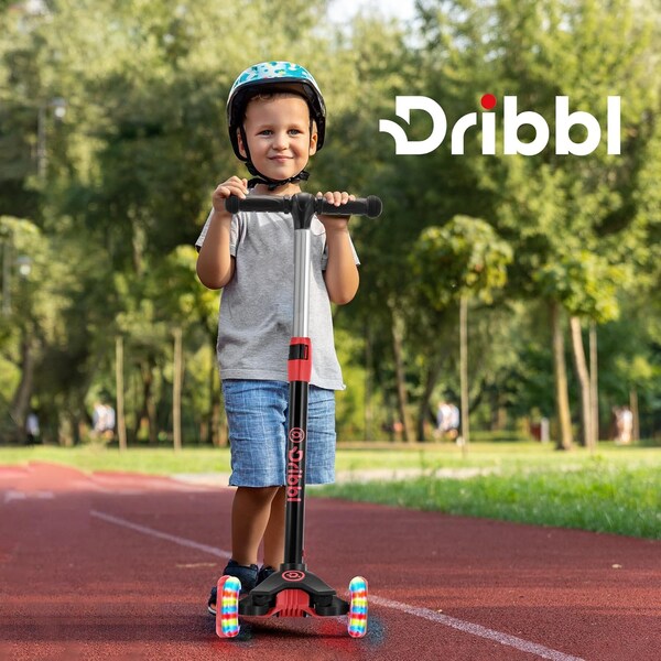 Dribbl 3-Wheel Kids Scooter, Lean-to-Steer, Adjustable Handlebar, Anti-Slip Deck, Black/Red - DBKS06