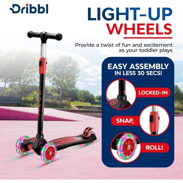 Dribbl 3-Wheel Kids Scooter, Lean-to-Steer, Adjustable Handlebar, Anti-Slip Deck, Black/Red - DBKS06