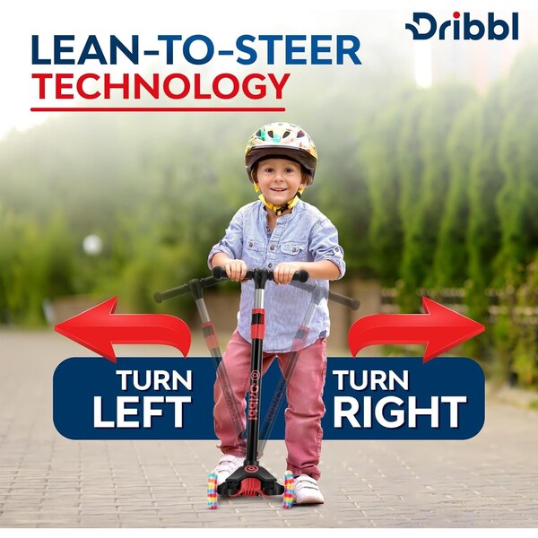 Dribbl 3-Wheel Kids Scooter, Lean-to-Steer, Adjustable Handlebar, Anti-Slip Deck, Black/Red - DBKS06
