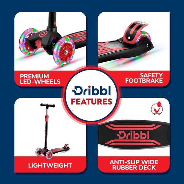 Dribbl 3-Wheel Kids Scooter, Lean-to-Steer, Adjustable Handlebar, Anti-Slip Deck, Black/Red - DBKS06