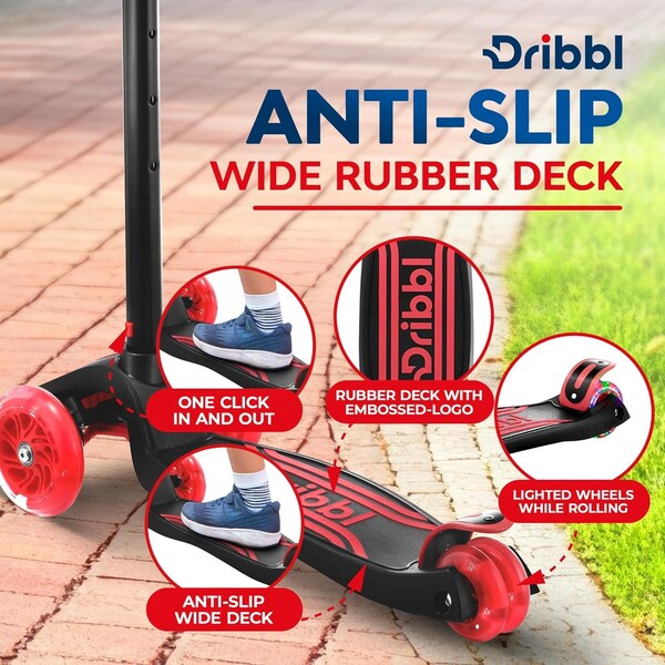 Dribbl 3-Wheel Kids Scooter, Lean-to-Steer, Adjustable Handlebar, Anti-Slip Deck, Black/Red - DBKS06