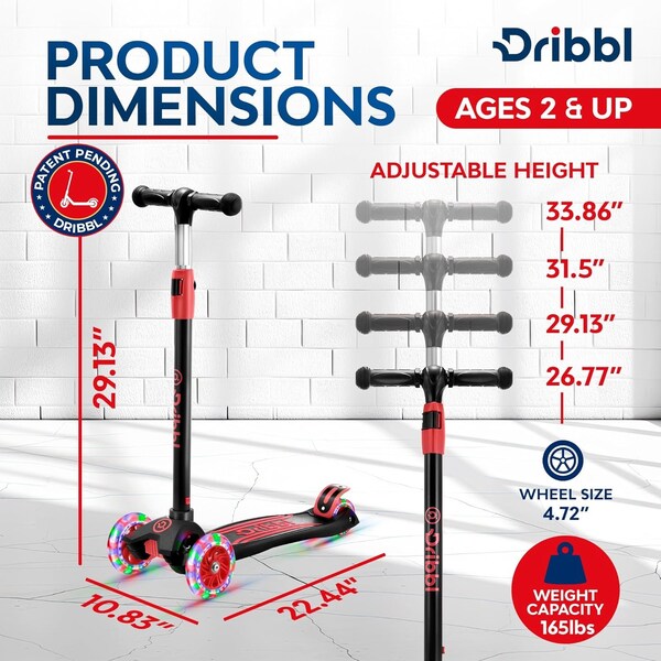 Dribbl 3-Wheel Kids Scooter, Lean-to-Steer, Adjustable Handlebar, Anti-Slip Deck, Black/Red - DBKS06