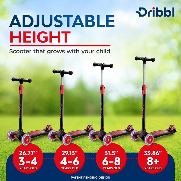 Dribbl 3-Wheel Kids Scooter, Lean-to-Steer, Adjustable Handlebar, Anti-Slip Deck, Black/Red - DBKS06