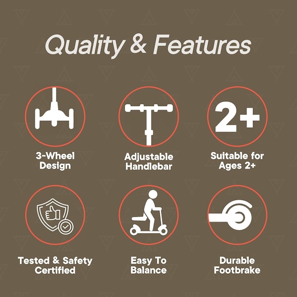 Campior Brown 3-Wheel Kids Scooter, LED Wheels, Adjustable Handlebar, Anti-Slip Deck, Ages 2+ - CAMKSBRN7