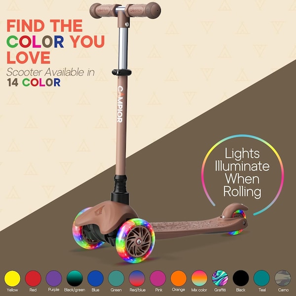 Campior Brown 3-Wheel Kids Scooter, LED Wheels, Adjustable Handlebar, Anti-Slip Deck, Ages 2+ - CAMKSBRN7