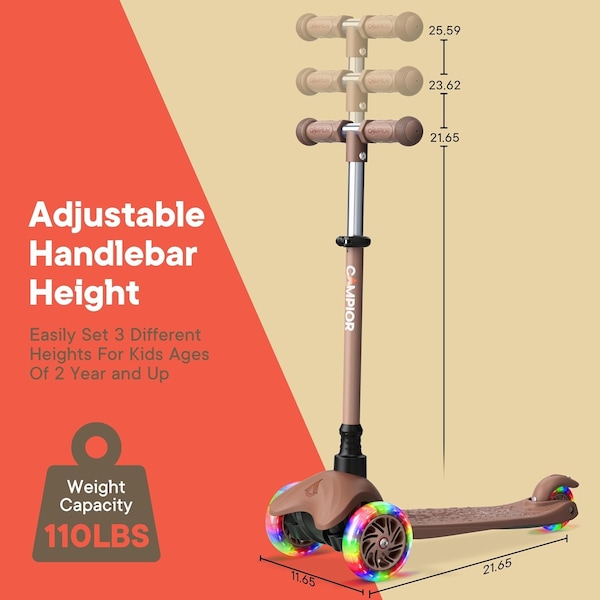 Campior Brown 3-Wheel Kids Scooter, LED Wheels, Adjustable Handlebar, Anti-Slip Deck, Ages 2+ - CAMKSBRN7