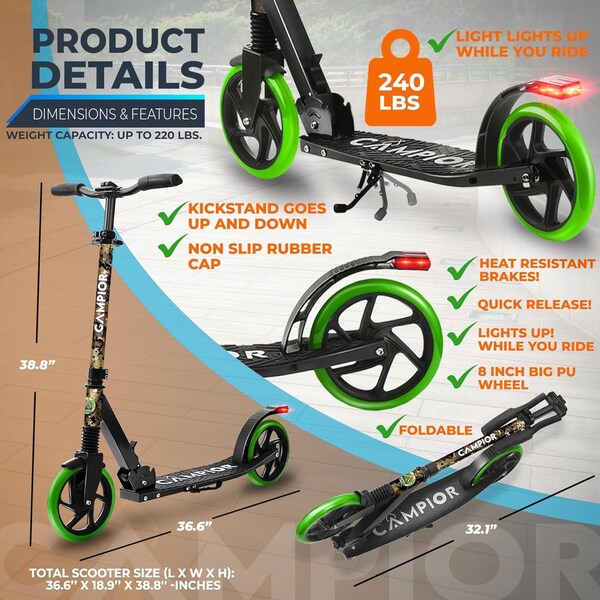 Campior Kick Scooter for Ages 6+, for Kids, Teens, and Adults, Max Load 240 LBS, Foldable, 8-inch Big Graffiti - CAMTE159