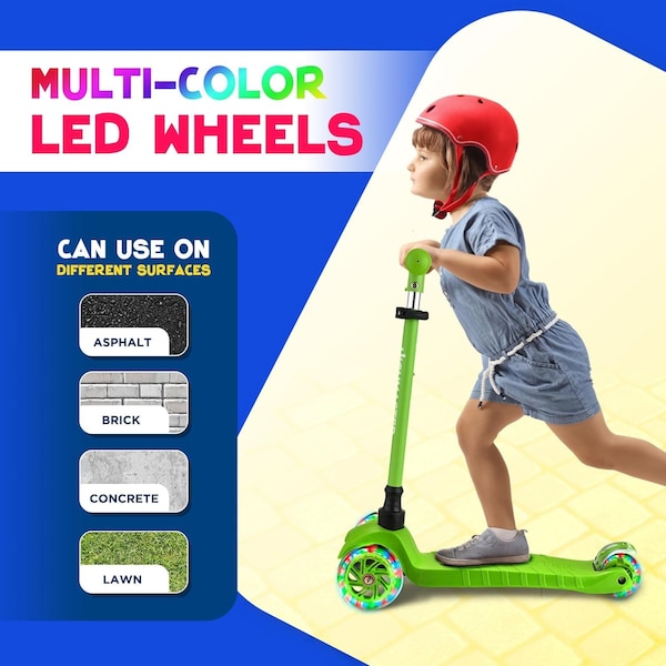 Highmaster Kids 3-Wheel Scooter with LED Light-Up Wheels, Adjustable Handlebar, Great for Indoor and Outdoor - HMKSGRN